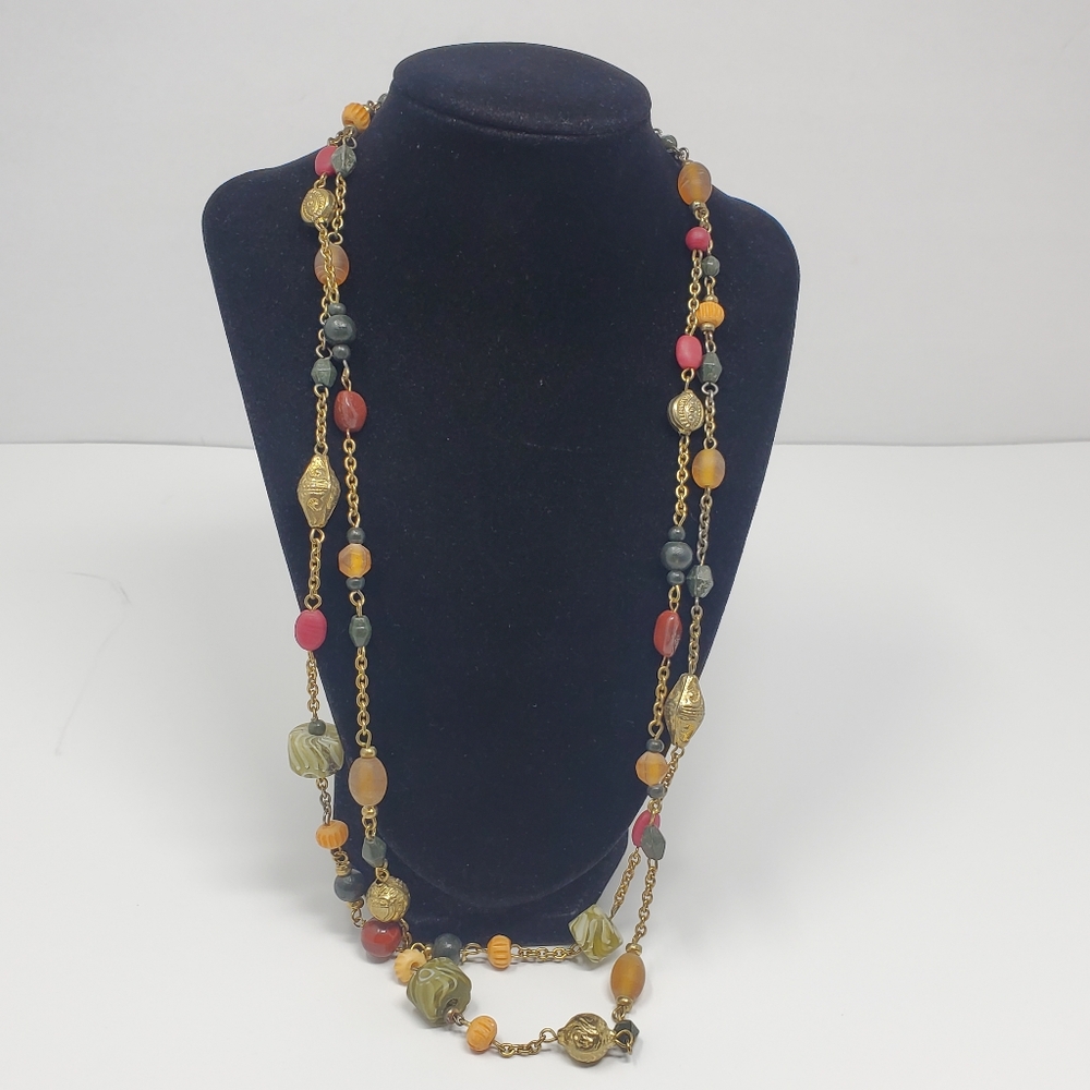 Double chained bronze  nd beaded long necklace 26"
